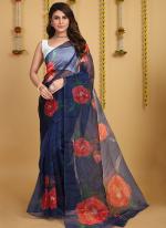 Pure Organza Navy Blue Party Wear Printed Saree